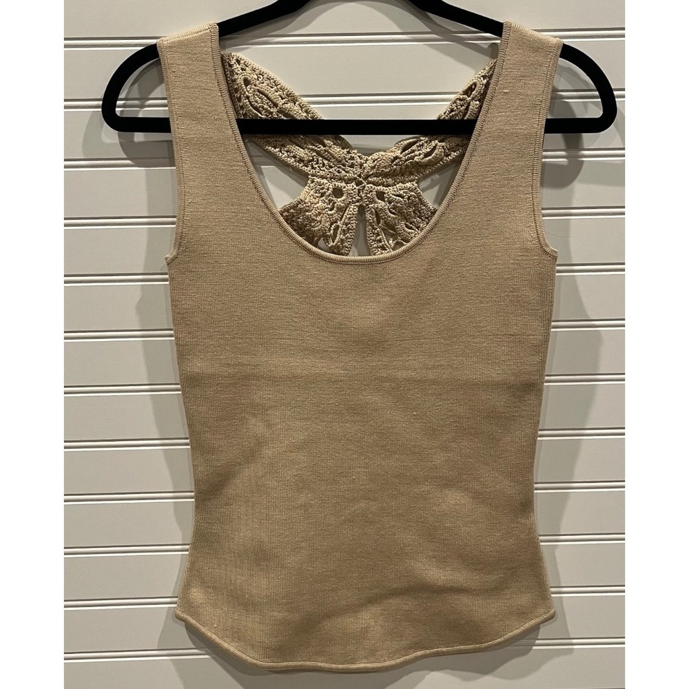 Dana Buchman Knit Tank Top Butterfly Crochet Back Sleeveless Casual Beige Size S
